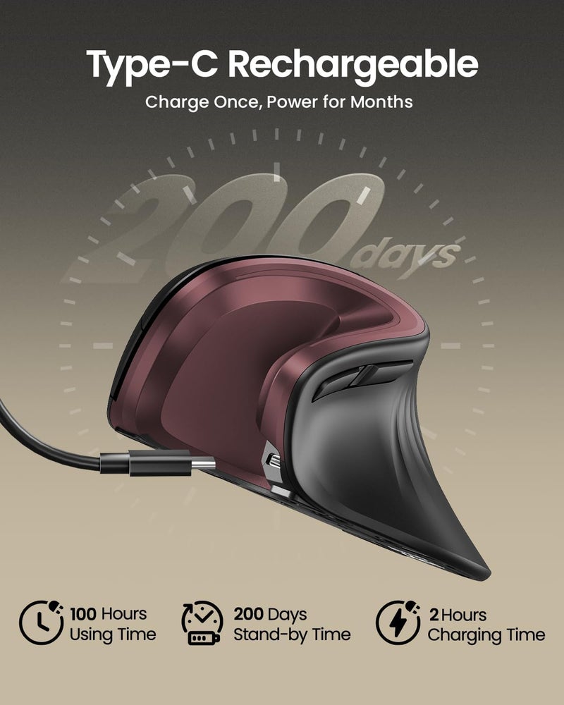 ProtoArc Ergonomic Mouse, EM11 NL Wireless Vertical Mouse, Ergo Mouse with Multi-Device, USB-C Rechargeable Mice for Windows, Mac OS, PC/Notebook/Laptop,Wine Red - Image 2